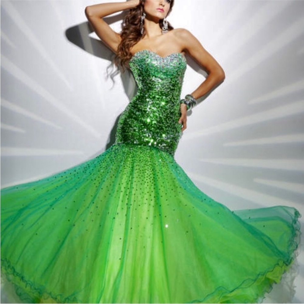 NEW TONY BOWLS LIMITED SZ 8 GREEN SEQUIN TULLE MERMAID FORMAL EVENING GOWN - Picture 14 of 14